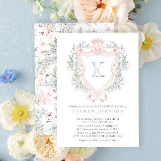 Invitación Escudo de la Corona Monograma Azul Rosa Baby Showe