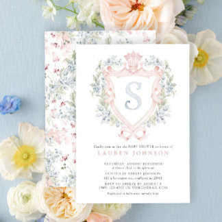 Invitación Escudo de la Corona Monograma Azul Rosa Baby Showe