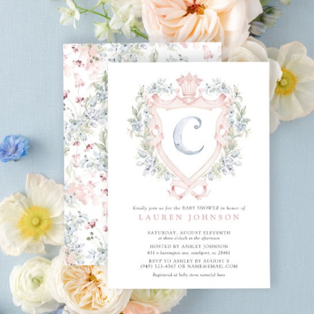 Invitación Escudo de la Corona Monograma Azul Rosa Baby Showe (Baby Shower Invitation!)