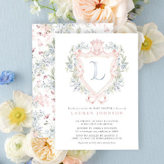 Invitación Escudo de la Corona Monograma Azul Rosa Baby Showe
