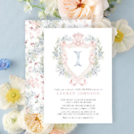 Invitación Escudo de la Corona Monograma Azul Rosa Baby Showe
