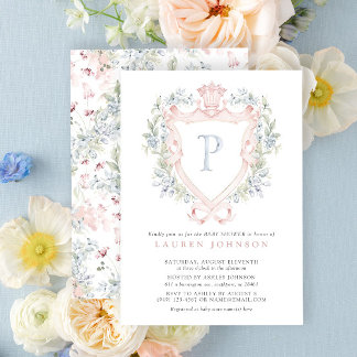 Invitación Escudo de la Corona Monograma Azul Rosa Baby Showe