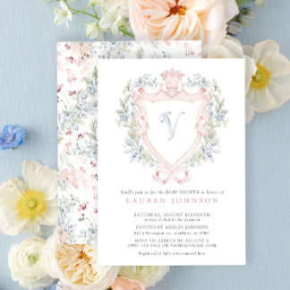 Invitación Escudo de la Corona Monograma Azul Rosa Baby Showe