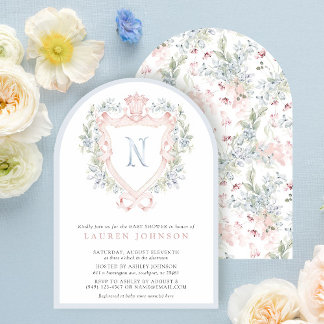 Invitación Escudo de la Corona Monograma Azul Rosa Baby Showe