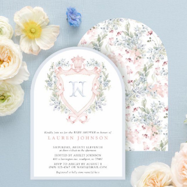 Invitación Escudo de la Corona Monograma Azul Rosa Baby Showe (Subido por el creador)