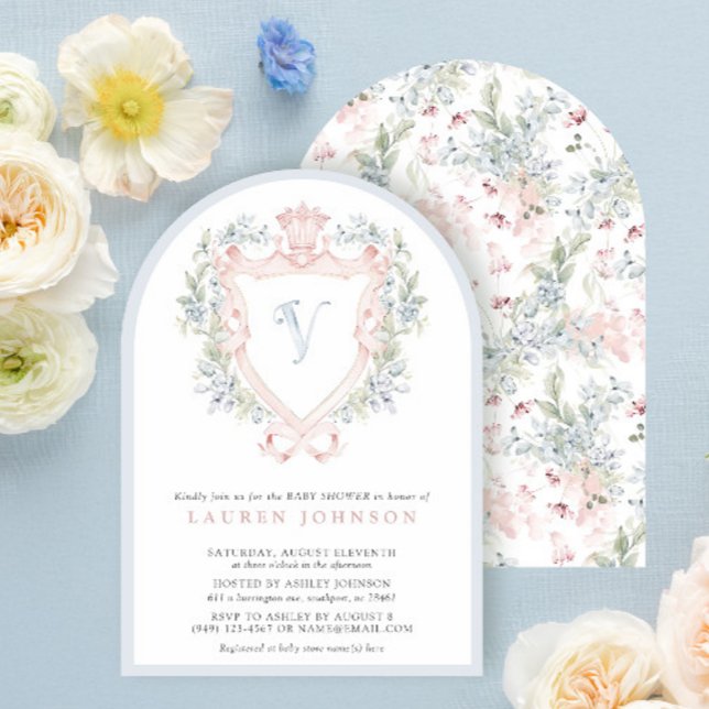 Invitación Escudo de la Corona Monograma Azul Rosa Baby Showe (Subido por el creador)