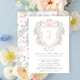 Invitación Escudo de la Corona Monograma Azul Rosa Baby Showe
