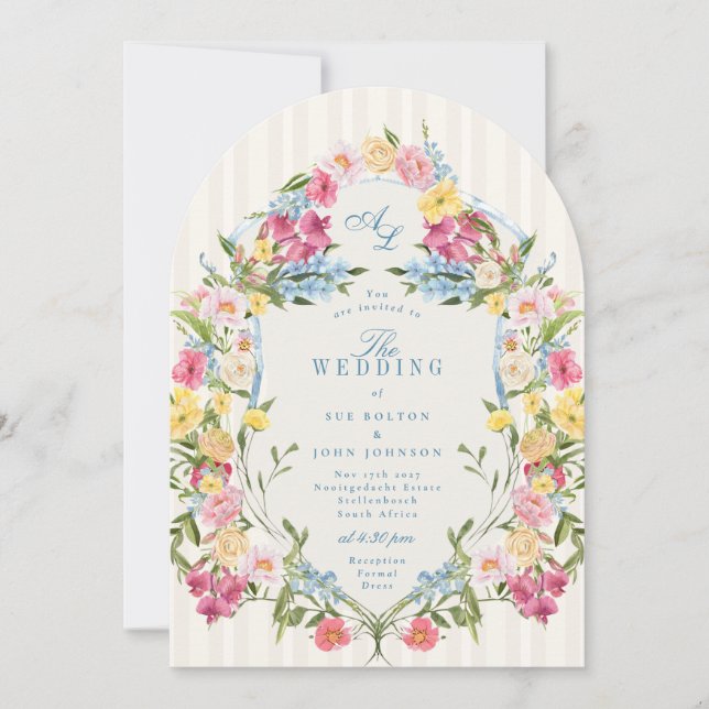 Invitación Escudo de la cosecha del monograma floral azul fra (Anverso)