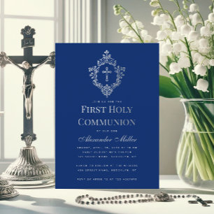 Invitación Escudo de la Cruz de Vintage de la Primera Comunió