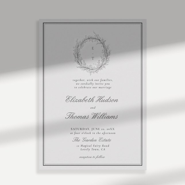 Invitación Escudo de la vegetación silvestre Boda formal clás (wildflowers wedding invitation black and white formal traditional botanical crest modern classic)