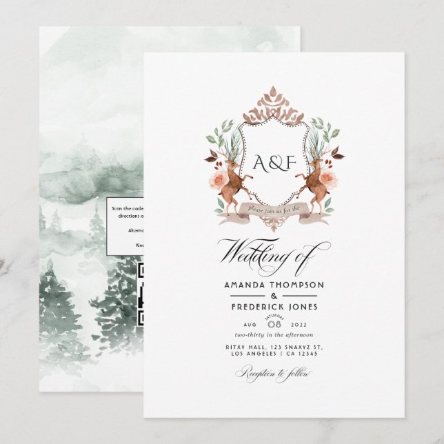 Invitación Escudo de Laurel de Woodland Monograma Boda de cód (Anverso / Reverso)