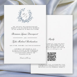 Invitación Escudo de Leafy Azul agitado Monograma Boda