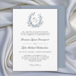 Invitación Escudo de Leafy Azul agitado Monograma Boda