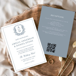 Invitación Escudo de Leafy Azul Dusto Monograma Boda Código Q