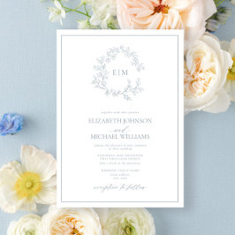 Invitación Escudo De Leafy Azul Polvo Moderno Monograma Boda 
