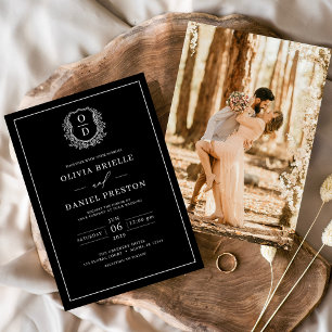 Invitación Escudo de Leafy Blanco Negro Monograma Boda fotogr