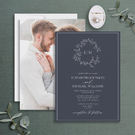 Invitación Escudo de limosna azul de la Marina Boda fotográfi
