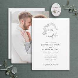 Invitación Escudo de limosna azul de la Marina Boda fotográfi