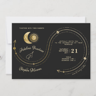 Invitación Escudo de luna de oro negro celestial RSVP Código