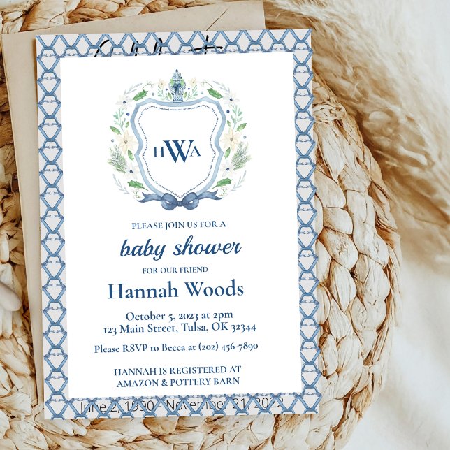 Invitación Escudo de Marina y Azul Chinoiserie Monograma Baby (Subido por el creador)