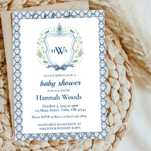 Invitación Escudo de Marina y Azul Chinoiserie Monograma Baby