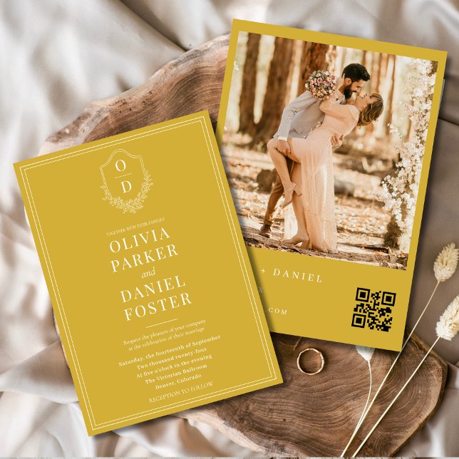Invitación Escudo de moda Gold Champagne Código QR Boda fotog (Subido por el creador)
