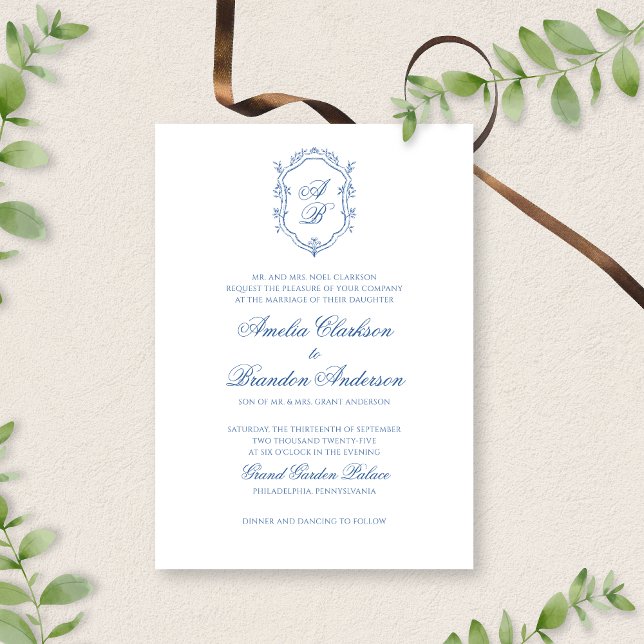 Invitación Escudo de Monograma Azul Botánico y Boda de Script (Subido por el creador)
