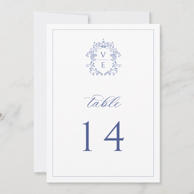 Invitación Escudo de Monograma Azul Regencia Número de tabla (Anverso)