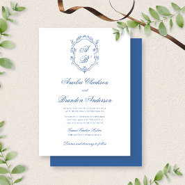 Invitación Escudo de monograma azul y Boda de guión formal