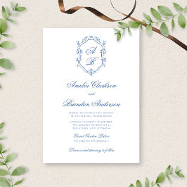 Invitación Escudo de Monograma Blanco y Azul Boda de guión fo