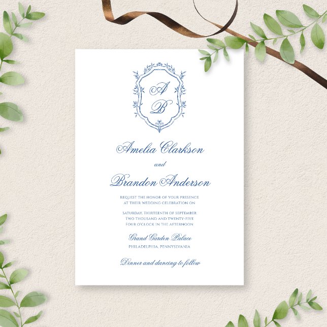 Invitación Escudo de Monograma Blanco y Azul Boda de guión fo (Subido por el creador)