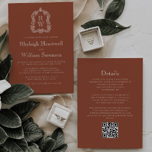 Invitación Escudo de monograma Boda de código de terracota QR