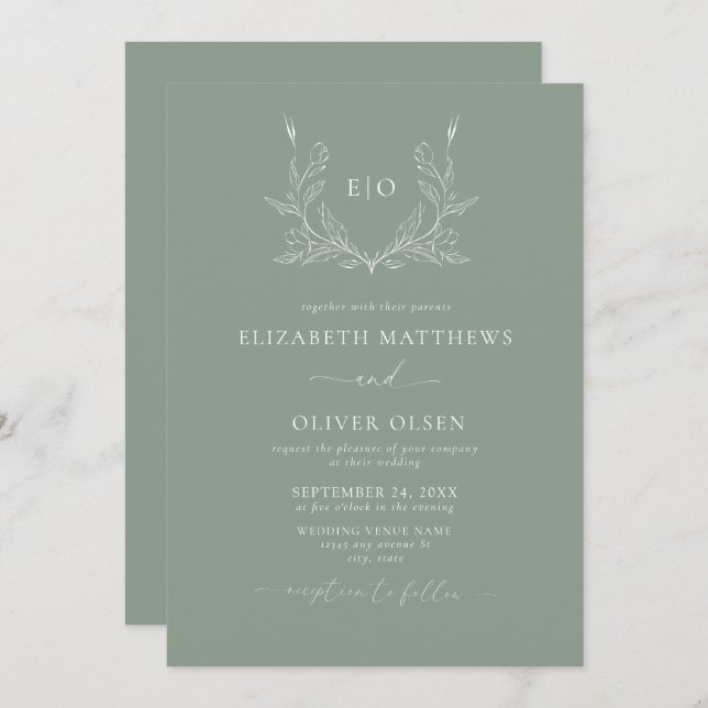 Invitación Escudo de monograma | Boda Minimalista moderno (Anverso / Reverso)