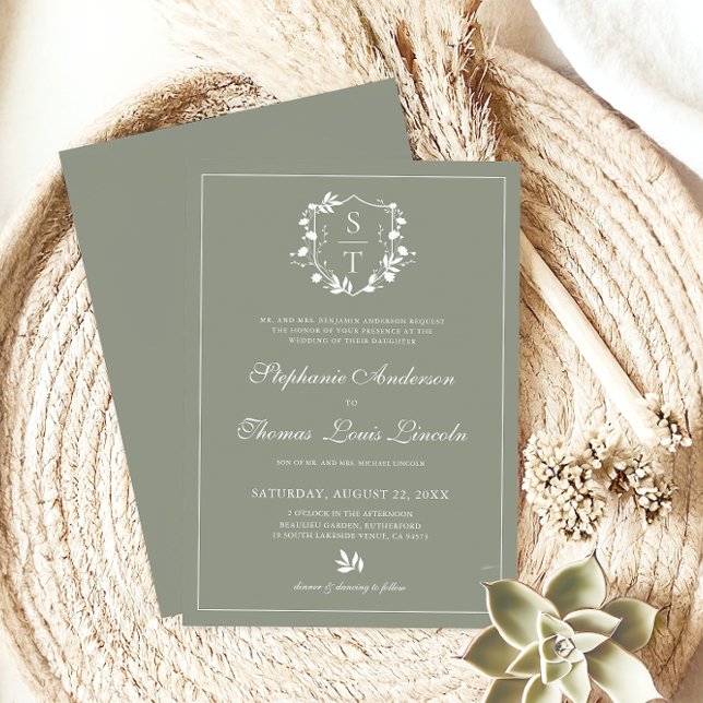 Invitación Escudo de Monograma Botánico Boda Verde Sage (Subido por el creador)