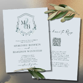 Invitación Escudo de monograma Código QR RSVP Boda azul turbi