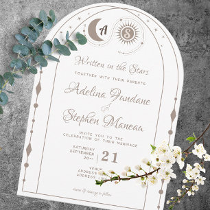 Invitación Escudo de Monograma de Luna Celeste y Sol RSVP Cód