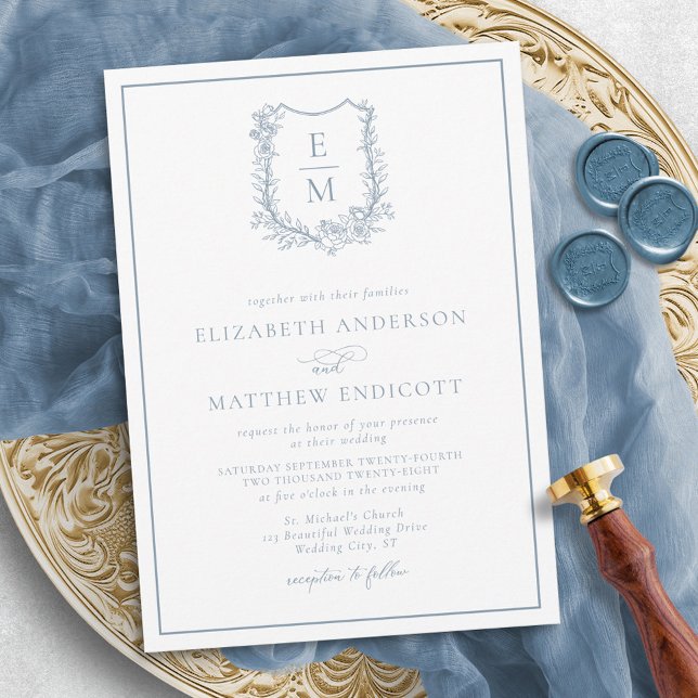 Invitación Escudo de Monograma Floral Formal Boda azul turbio (Subido por el creador)