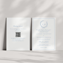 Invitación Escudo de monograma hoja Boda de código QR azul tu