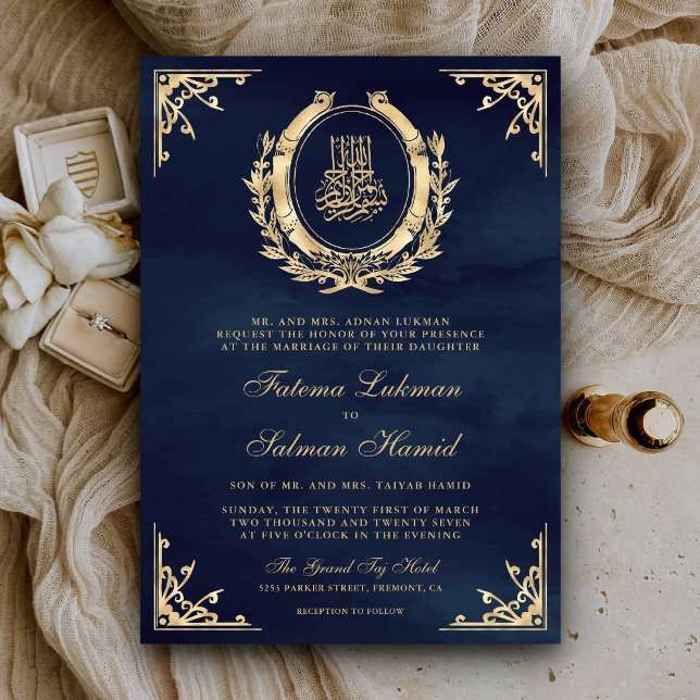 Invitación Escudo de oro antiguo Boda musulmán azul (Subido por el creador)