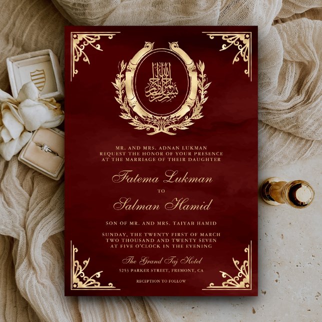Invitación Escudo de Oro Antiguo Boda Musulmán Rojo Borgoña (Subido por el creador)