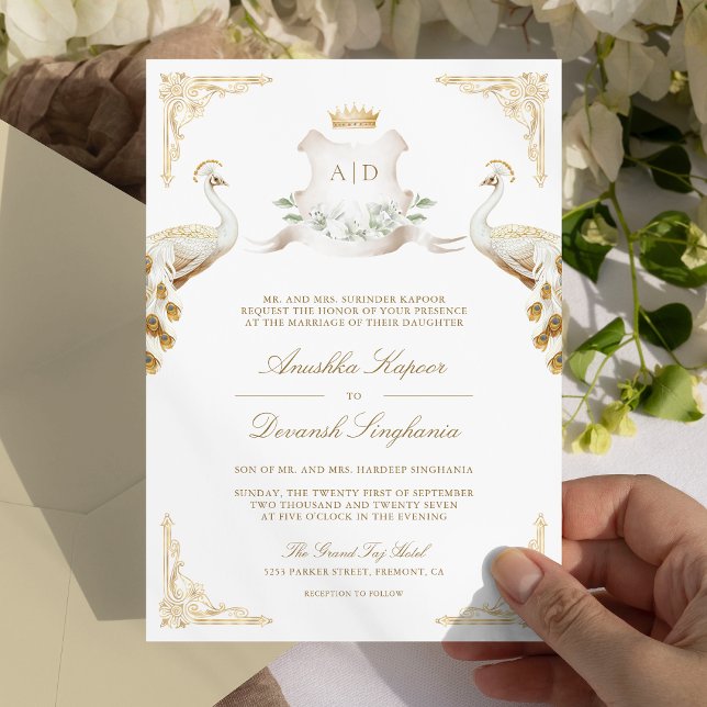 Invitación Escudo de oro Boda real indio de pavo real blanco (Subido por el creador)