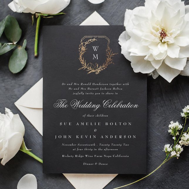 Invitación escudo de oro de boda blanco negro clásico (Subido por el creador)