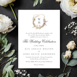 Invitación escudo de oro de boda blanco negro clásico monogra