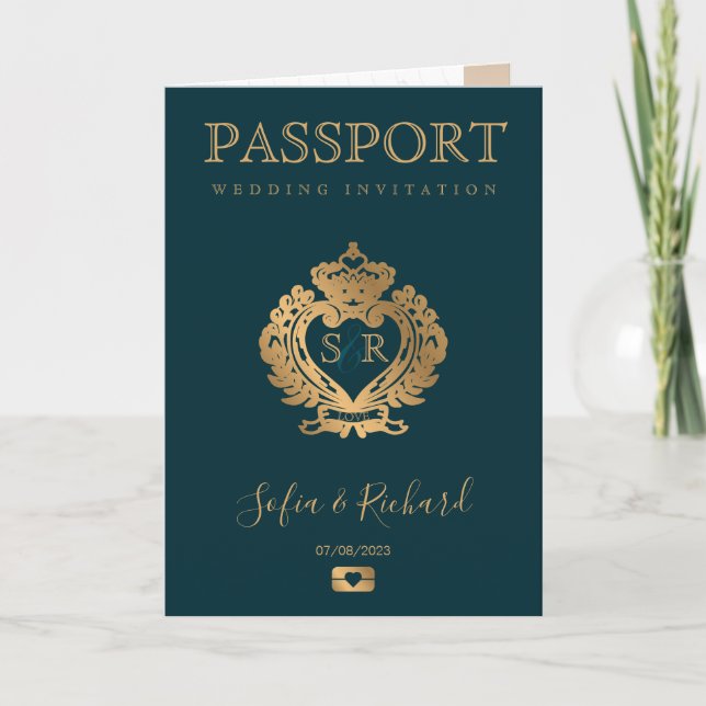 Invitación Escudo de oro de pasaporte de boda de destino de J (Anverso)