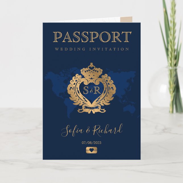 Invitación Escudo de oro de Passport de boda de destino Itali (Anverso)