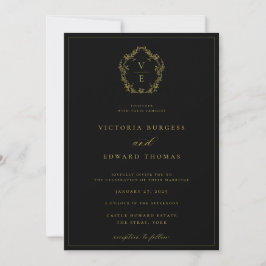 Invitación Escudo de oro de vintage Monograma Boda negro