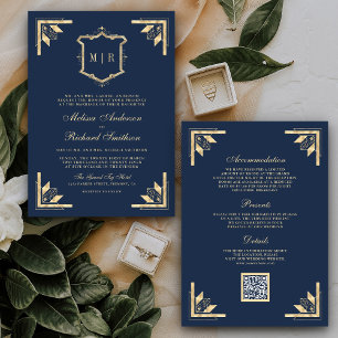 Invitación Escudo de oro Monograma Código QR Boda azul de la 