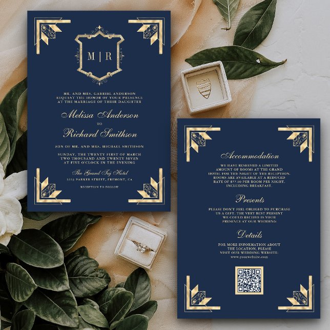 Invitación Escudo de oro Monograma Código QR Boda azul de la  (Subido por el creador)