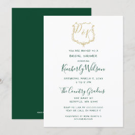 Invitación Escudo de oro monograma y ducha de novia verde for