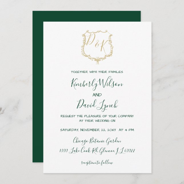 Invitación Escudo de oro monogramado y Boda verde forestal (Anverso / Reverso)